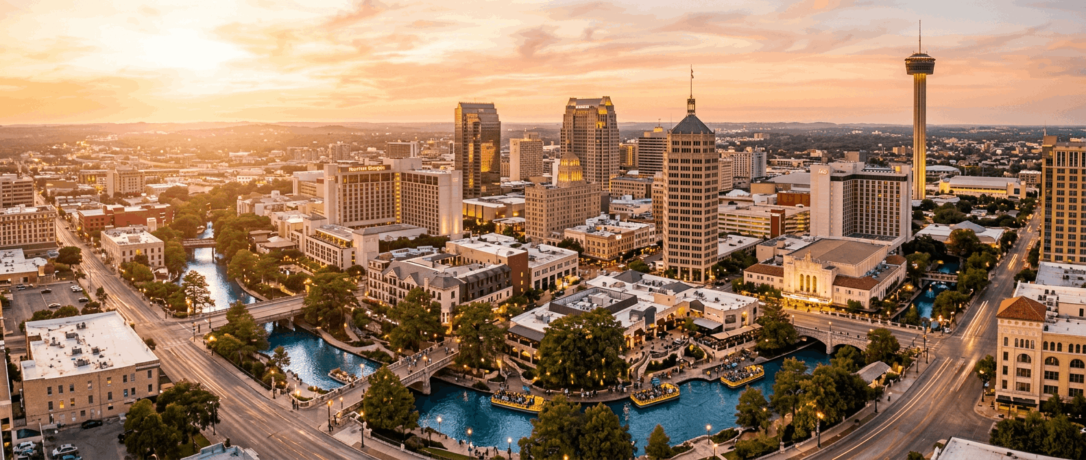 Firefly_GeminiFlash_please create a Stunning aerial cityscape of San Antonio Texas at golden hour, River  147330
