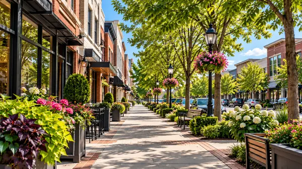 Charming Tree-Lined Downtown Streetscape