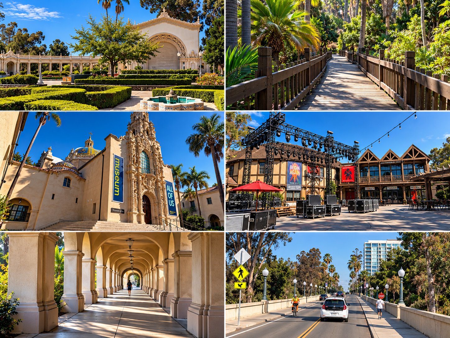 Balboa Park gardens, museums, walkways and Cabrillo Bridge