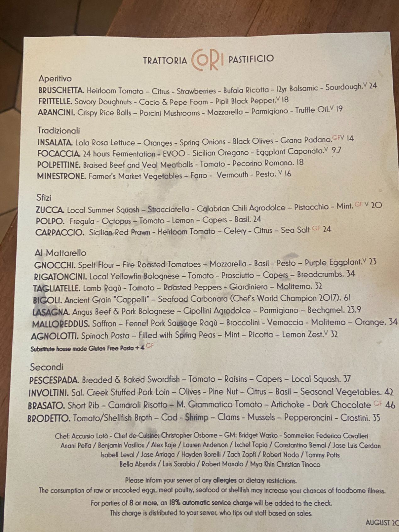 Trattoria Cori Pastificio Restaurant Menu North Park John Bertsch