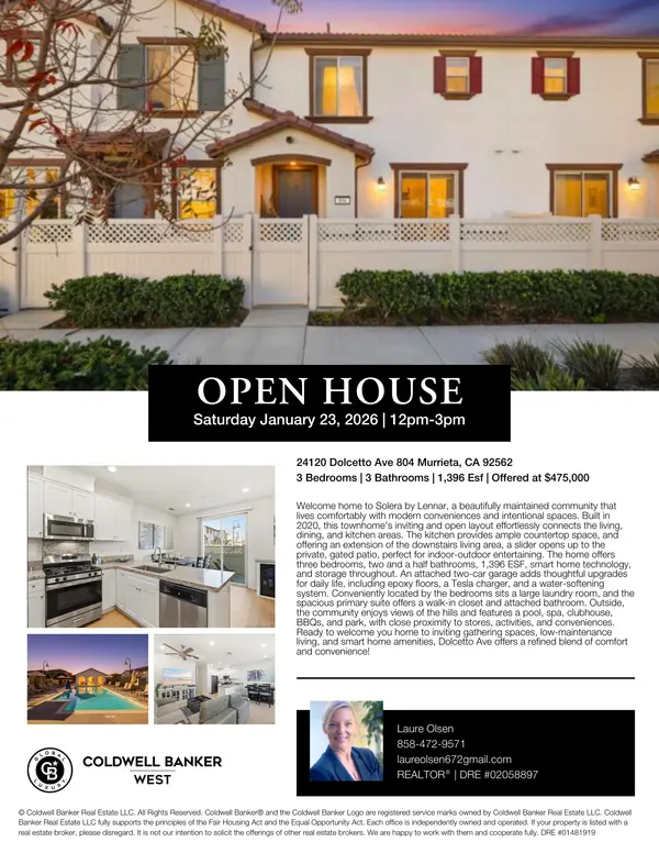 OPEN HOUSE TODAY: SAT JAN 24, 2026 (12-3PM) MURRIETA, CA $475,000,Laure Olsen