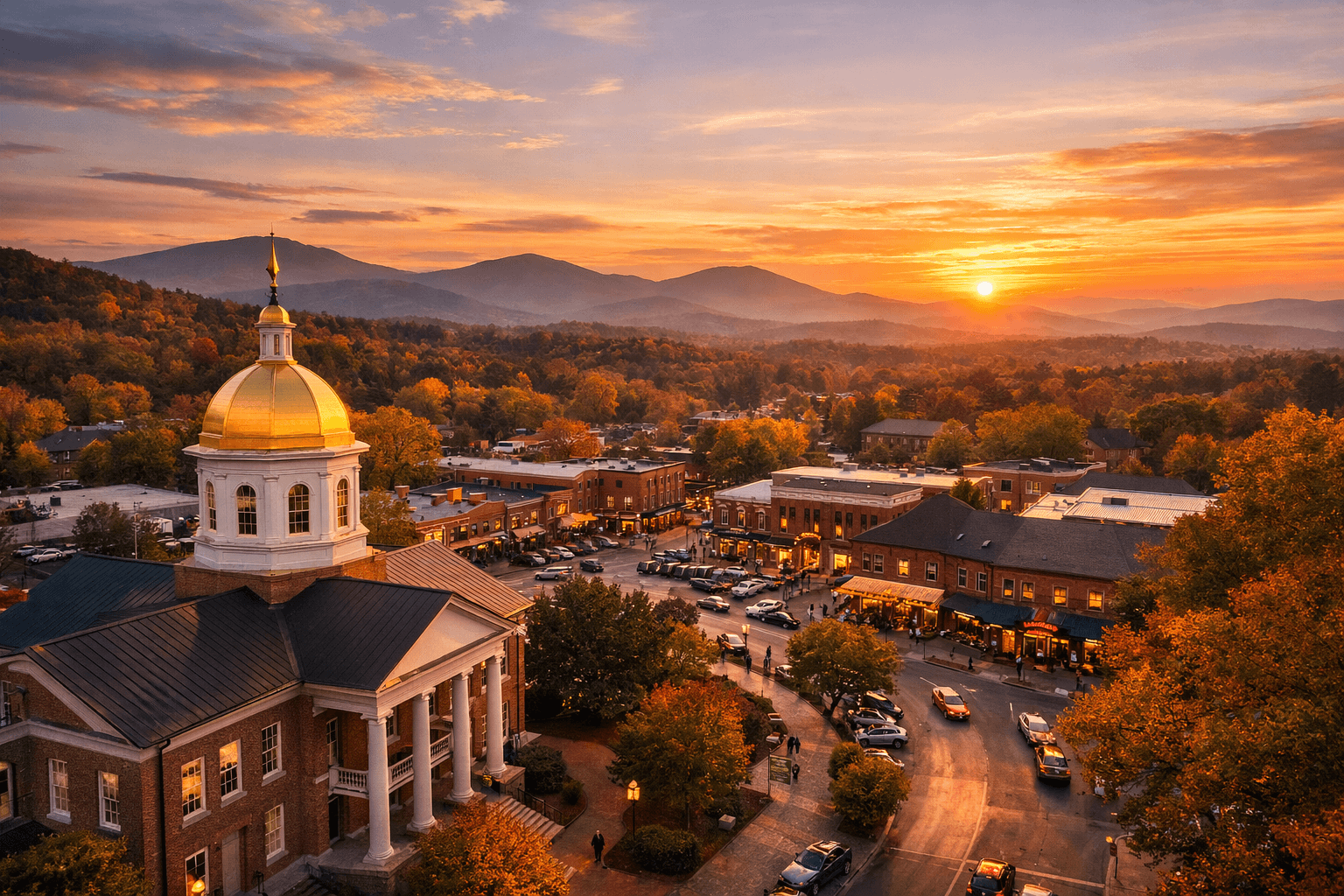 aerial photo of Downtown Dahlonega, GA at sunset with the Gold Museum dome and Blue Ridge Mountains — 2025 real estate market.