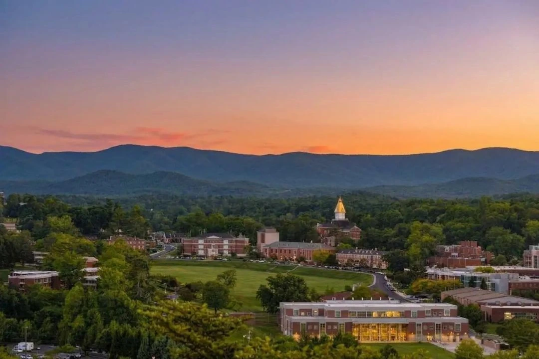 Aerial view of Dahlonega Georgia at sunset with UNG gold dome and Blue Ridge mountains