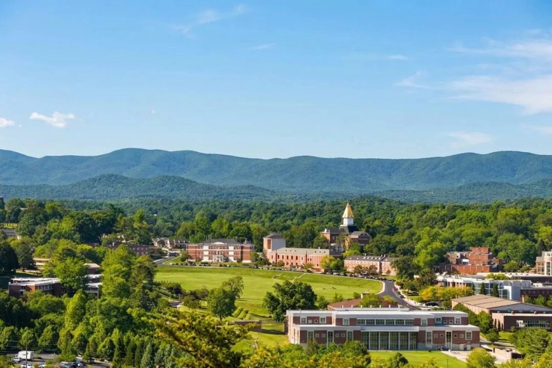 Aerial view of Dahlonega Georgia and University of North Georgia campus with Blue Ridge mountains