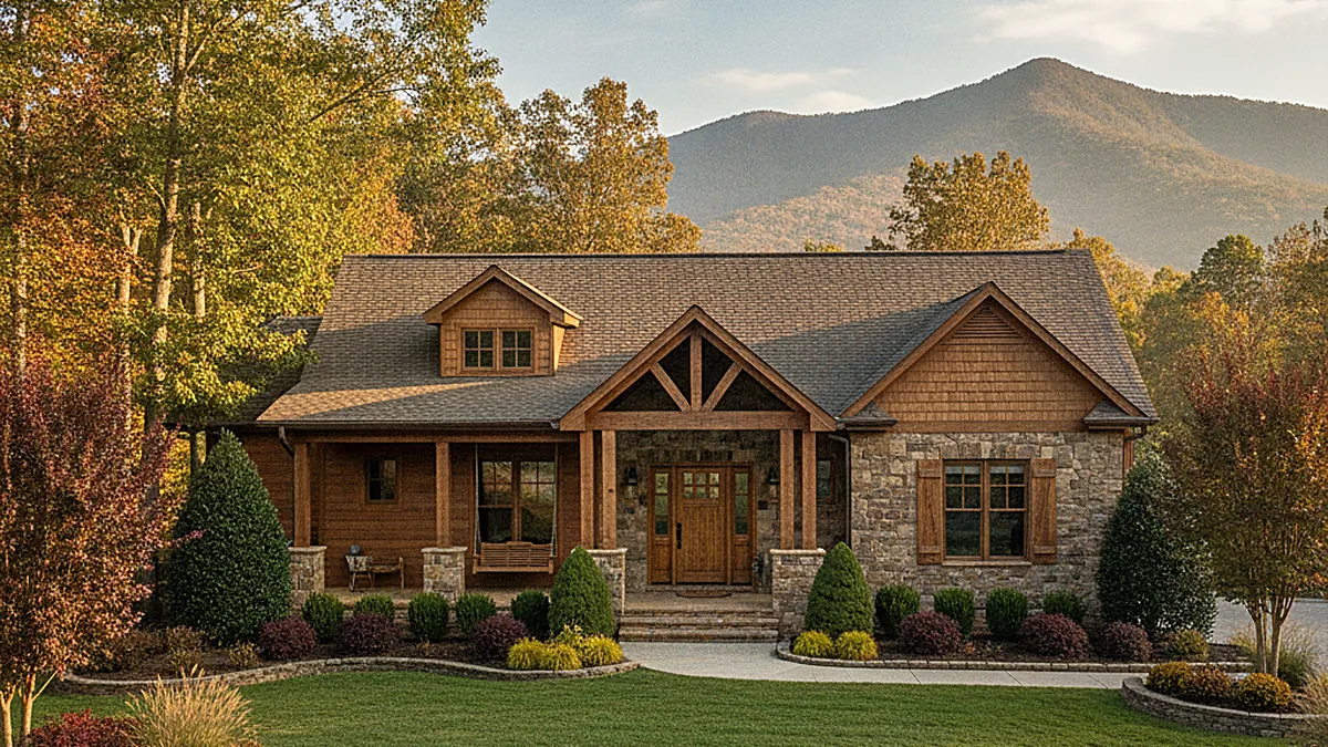 A well-kept North Georgia craftsman home with a covered front porch and manicured front lawn on a clear golden morning with Blue Ridge mountains in the distance