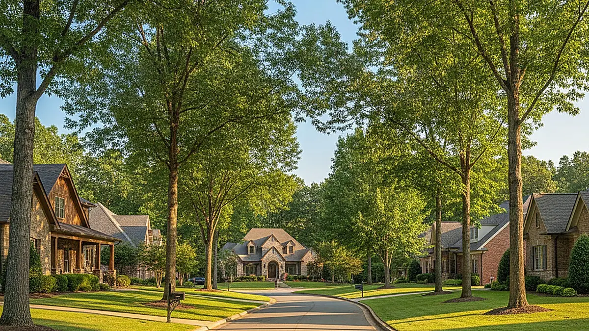 A quiet upscale suburban neighborhood street in North Georgia lined with mature trees and manicured lawns on a bright summer morning