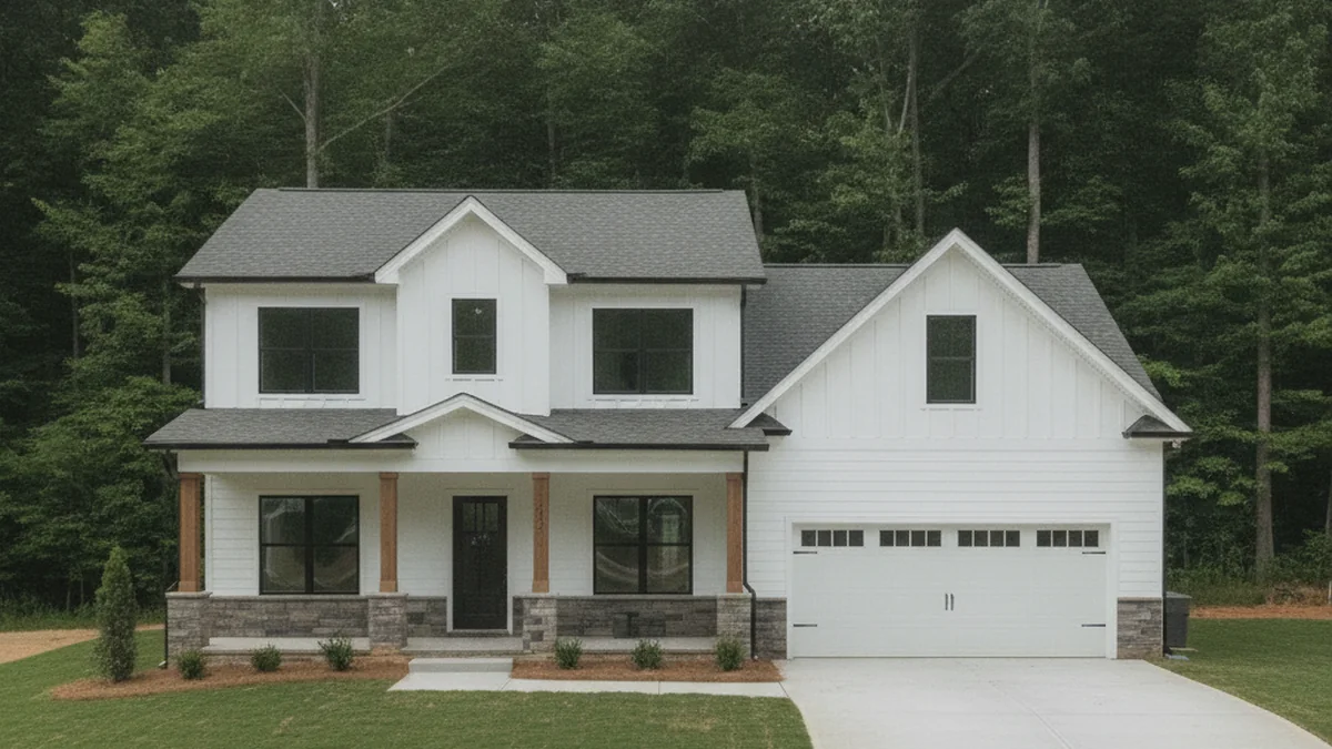 A newly built two-story modern farmhouse home with board-and-batten siding, stone accents, and a freshly sodded lawn in a North Georgia neighborhood, no people