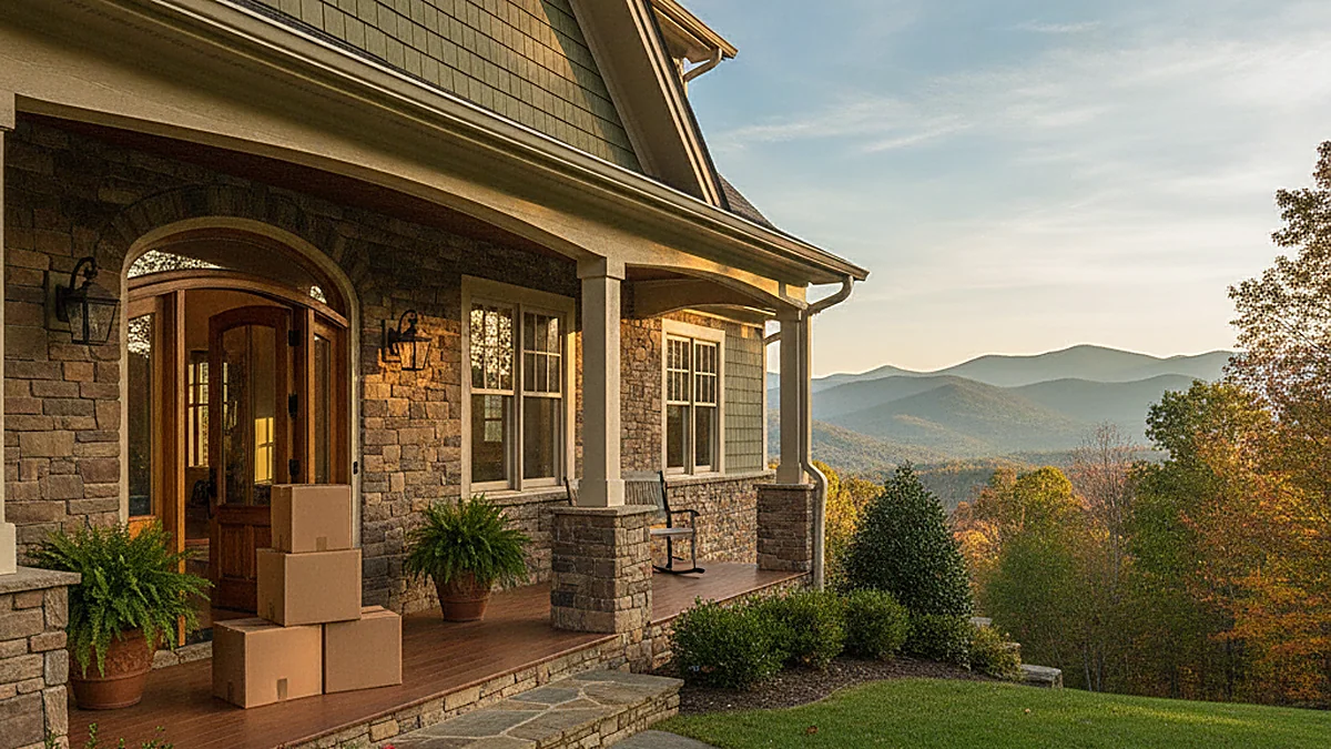 A craftsman home's stone porch with plain moving boxes by the open front door and Blue Ridge mountains in the distance on a golden autumn morning