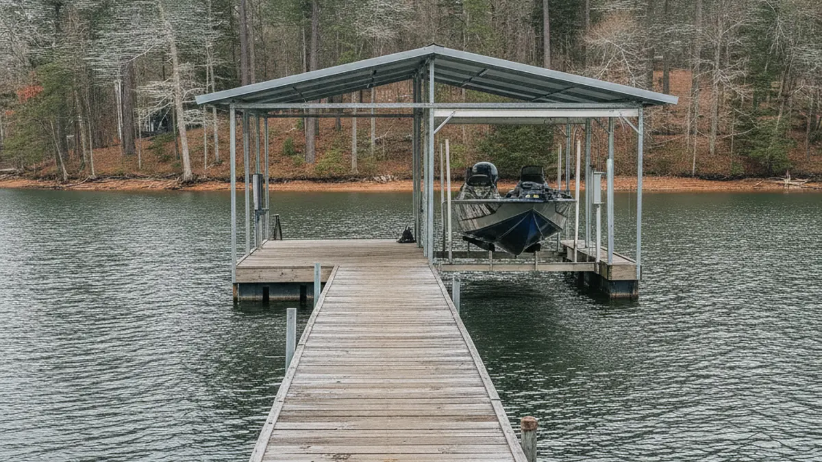 A private residential boat dock on Lake Lanier with a covered metal-roof slip and a bass boat resting on the boat lift, a weathered wood walkway leading out over calm green water, bare wooded shoreline behind, no people