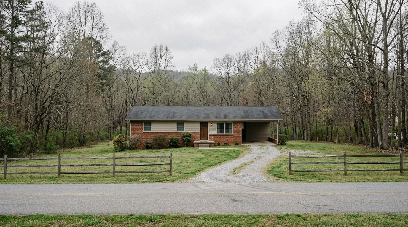 A modest single-storey brick ranch house with a carport and a gravel driveway, set back from a two-lane road behind a split-rail fence, with bare early-spring hardwoods and a low wooded ridge behind it under an overcast sky.