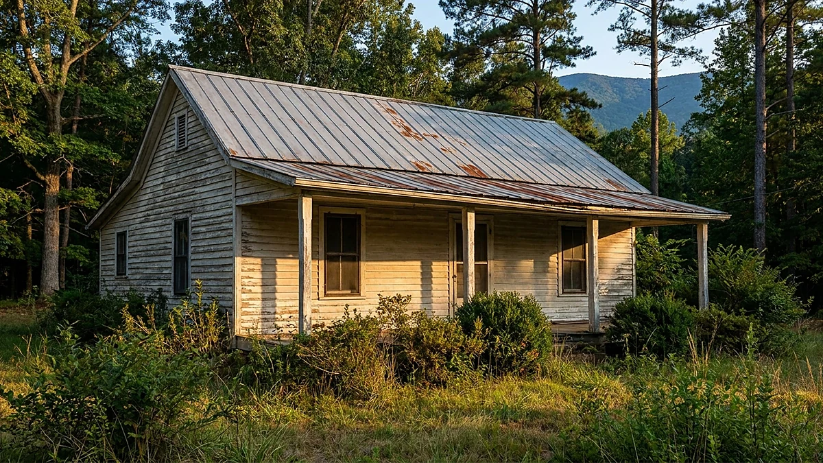 Small single-story clapboard cottage with peeling pale paint and a rusting standing-seam metal roof, standing empty on an overgrown grassy lot at golden hour. A deep covered porch with plain square posts runs across the front, the windows are simple single-hung sashes, and hardwoods and pines rise close behind the house with a blue mountain ridge in the distance.