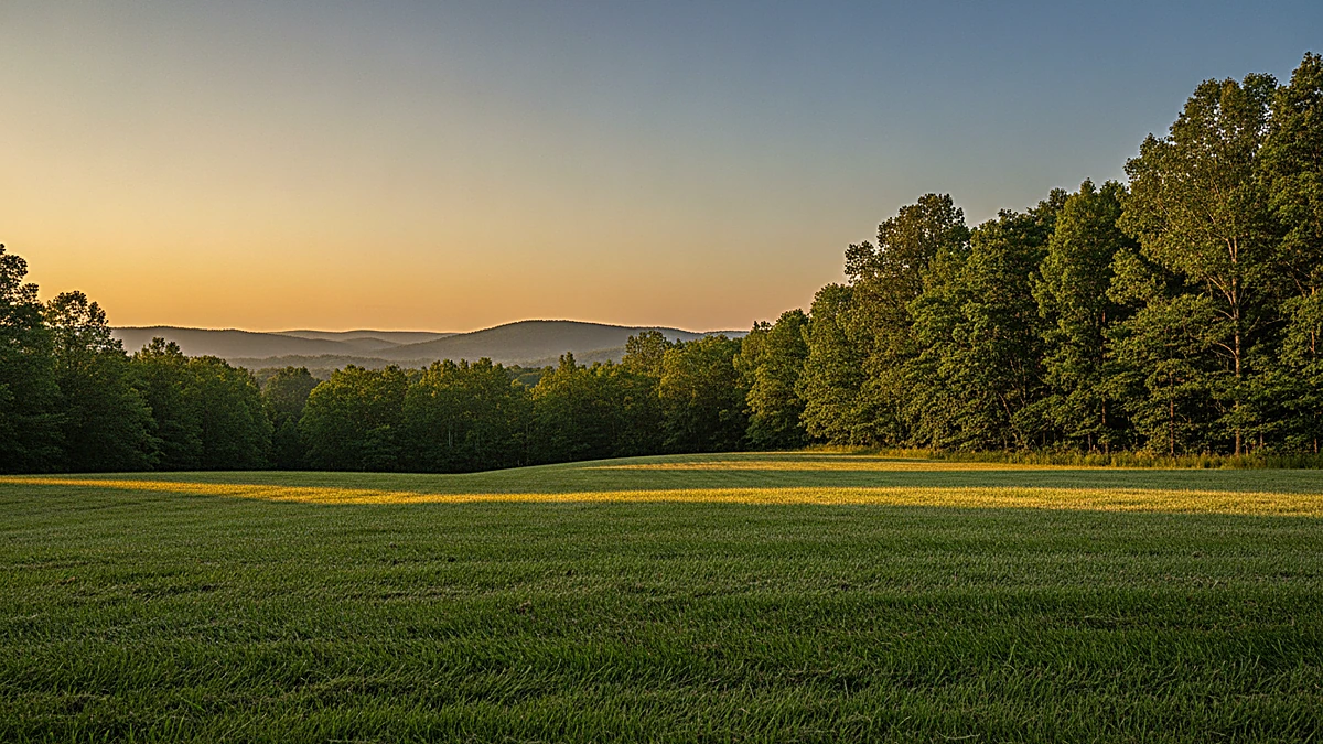 Broad expanse of closely mown green grass rising toward a dense summer treeline, with layered blue ridges fading into haze under a warm gold and blue evening sky