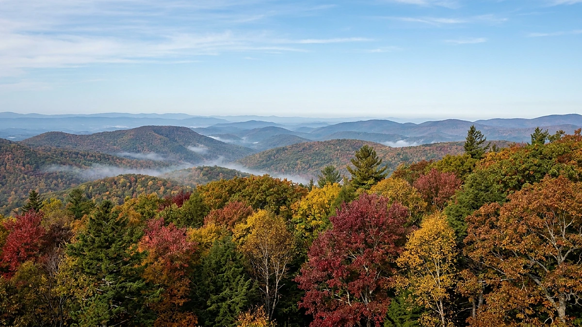 Crowns of hardwood trees at peak autumn color filling the foreground, deep crimson and red maples, gold and orange foliage and bare pale trunks mixed through dark green conifers, dropping away to forested hills in patchy fall color with white mist lying in the hollows, and successive mountain ridgelines receding in progressively paler blue-grey to the horizon under a pale blue sky streaked with high thin cloud