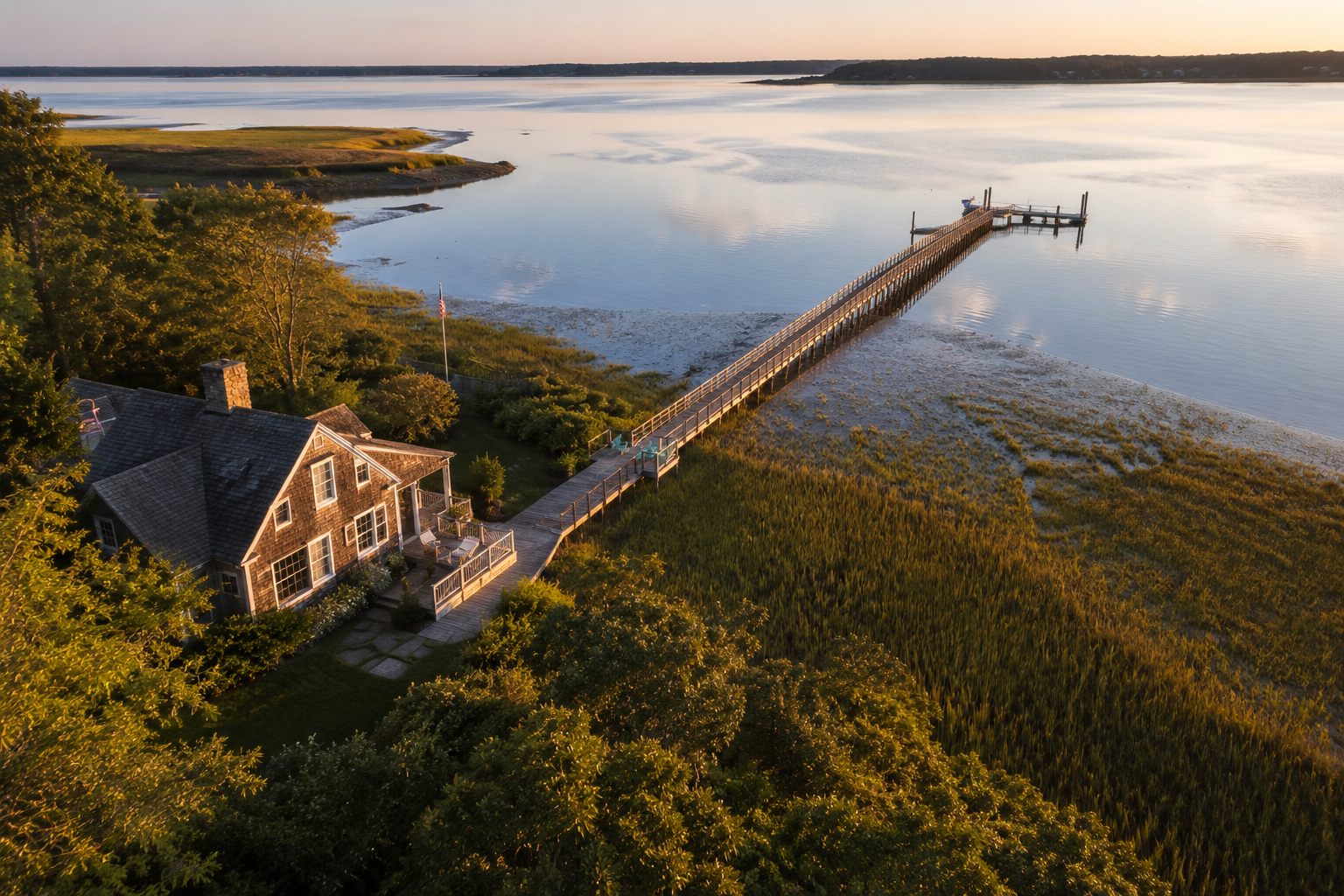 Aerial view of a private deep-water dock on a Cape Cod waterfront property in Chatham, Massachusetts at golden hour