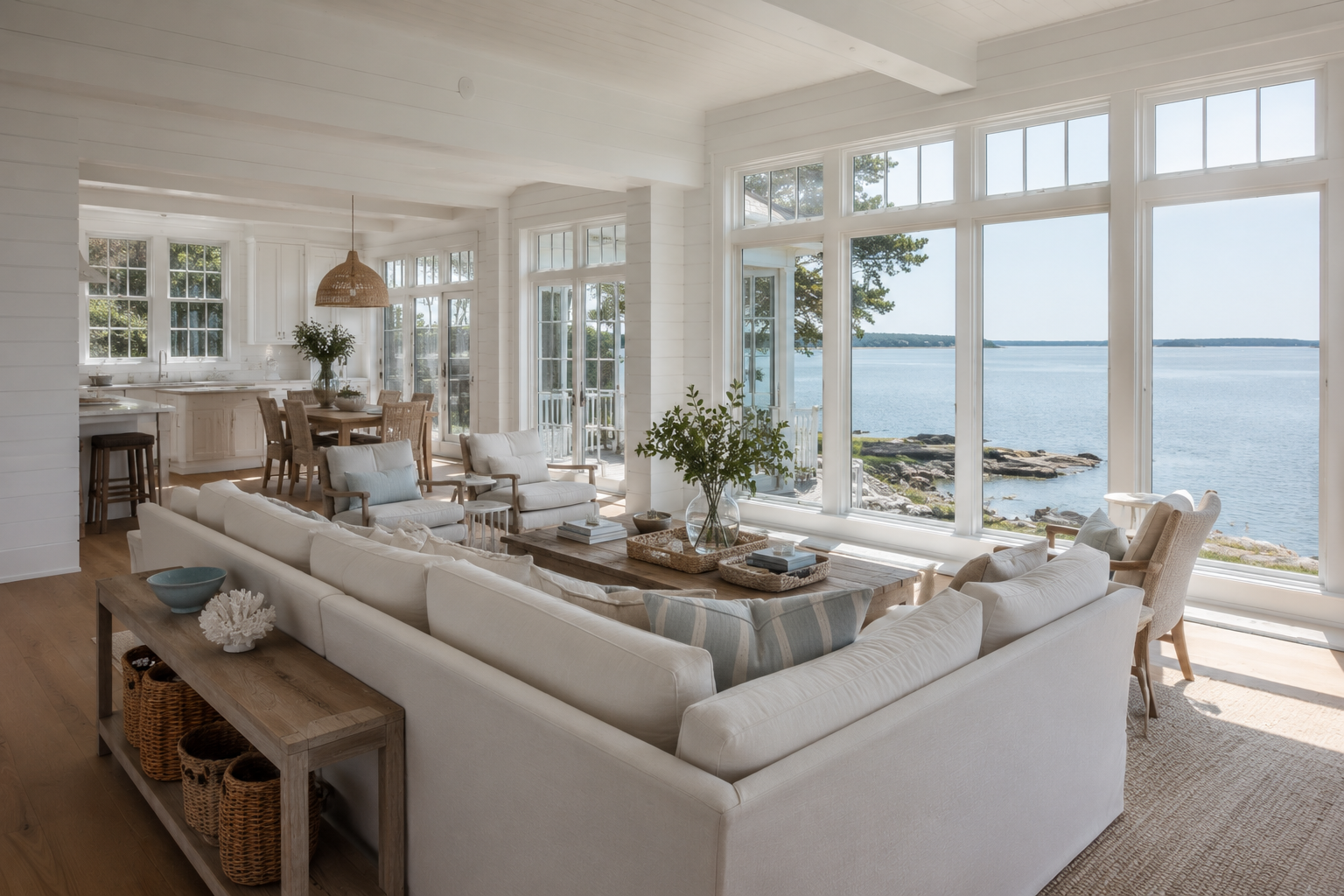 Interior of a luxury Cape Cod waterfront home showing ocean views from living room in Chatham Massachusetts at midday