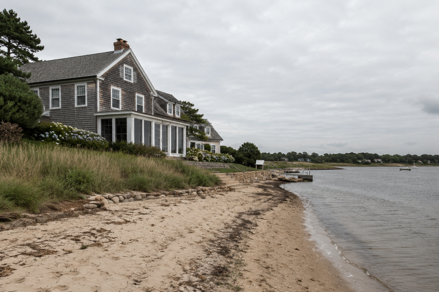 Coastal waterfront property in Brewster Massachusetts showing private beach and Title 5 septic system access panel