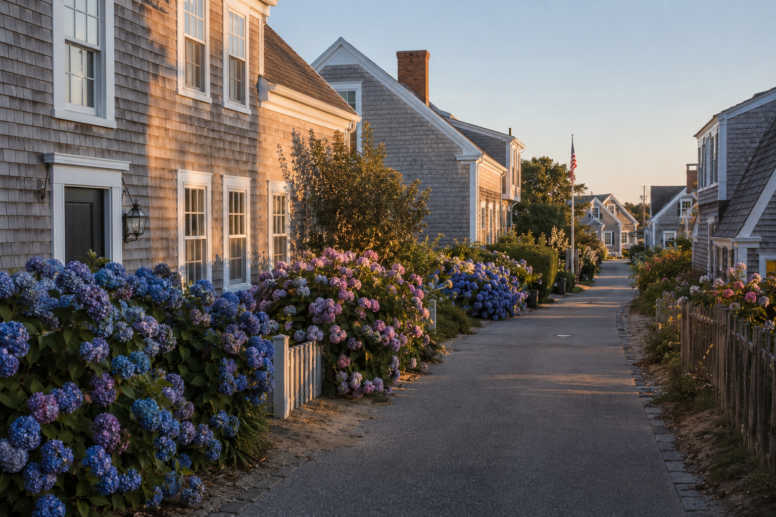 Quiet harborfront street in Chatham village Massachusetts at golden hour, shingle-style architecture, hydrangea borders, no cars or people visible