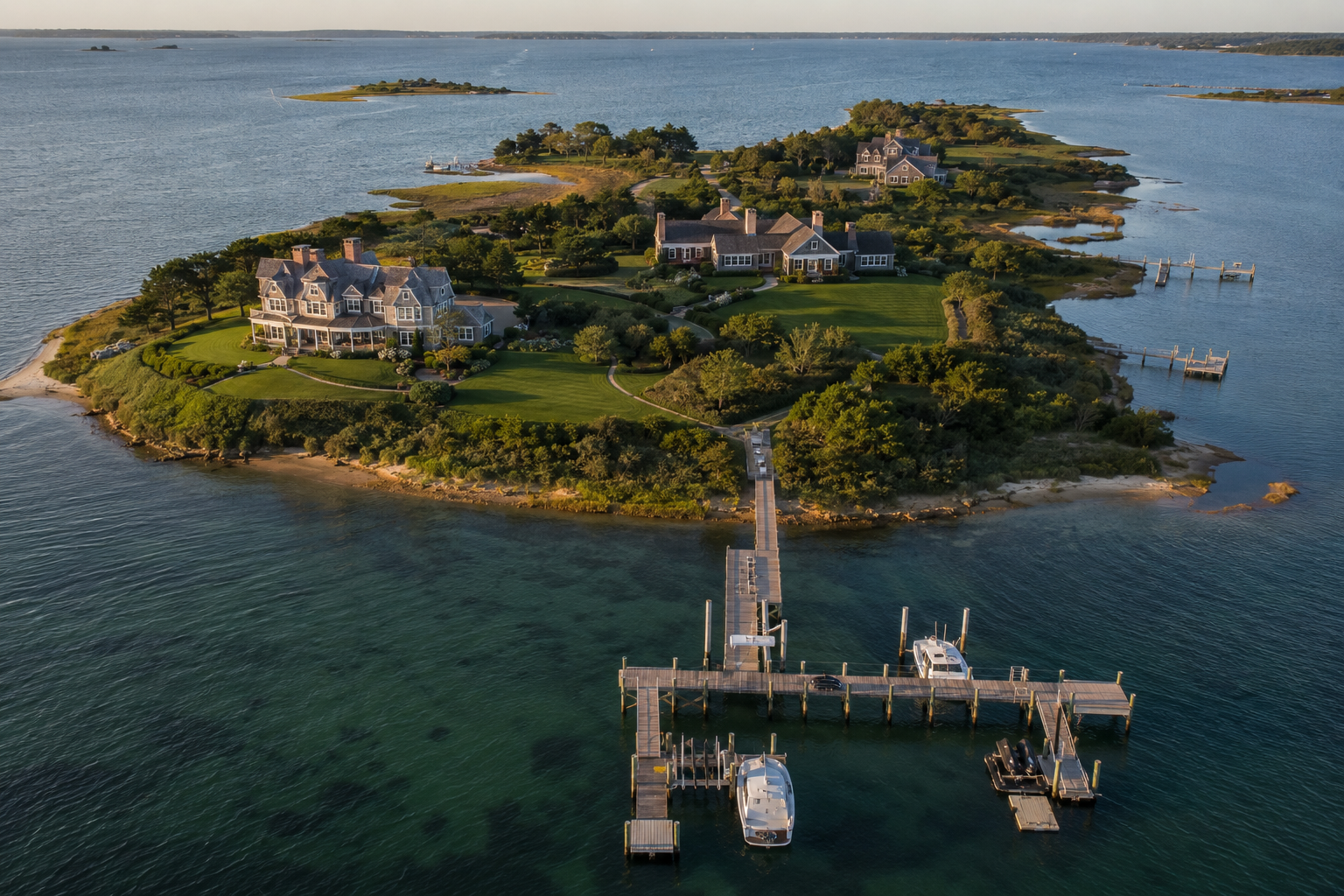 Aerial view of Oyster Harbors gated island community in Osterville, Massachusetts, showing deep-water docks and shingled waterfront estates in afternoon light