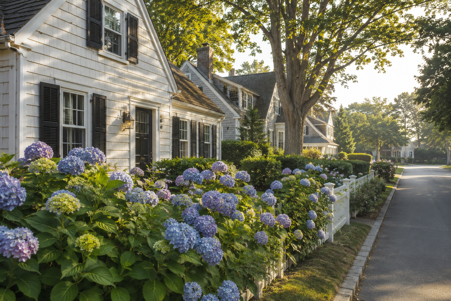 Cape Cod cottage rental property exterior on a summer morning, Barnstable County Massachusetts
