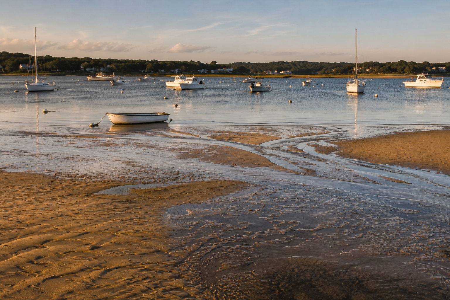 Floating dock with aluminum gangway on a calm Cape Cod tidal estuary in early morning light with eelgrass visible at low water