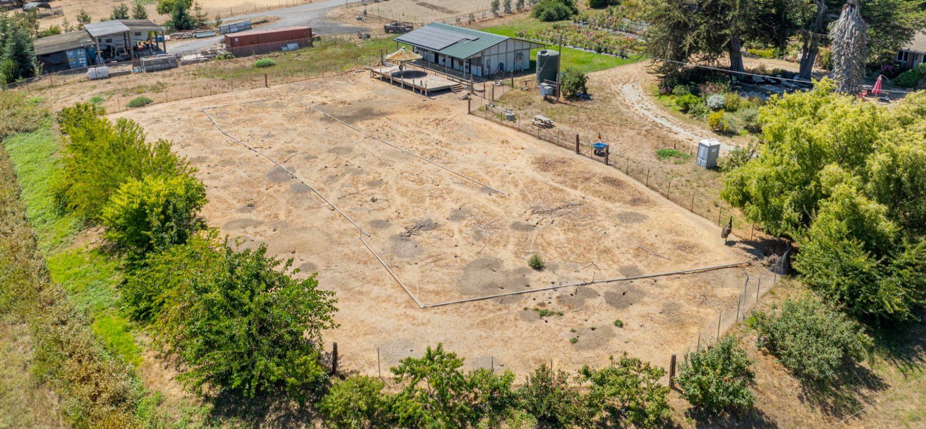 Equestrian facilities at Birdsong Orchards with horse stalls and arena space.