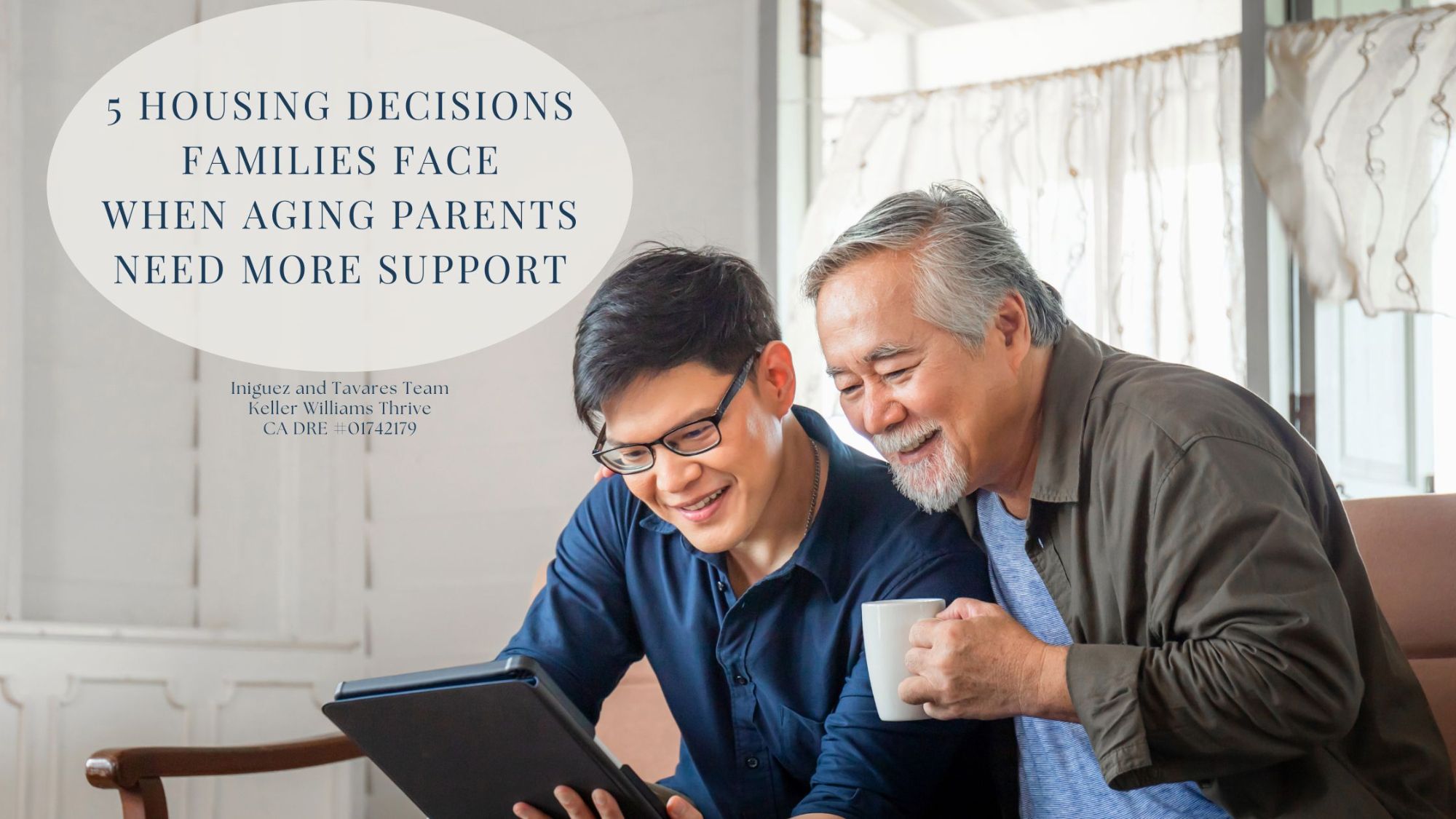 Adult son and aging father reviewing information on a tablet together, representing family housing planning when aging parents need more support in Silicon Valley.