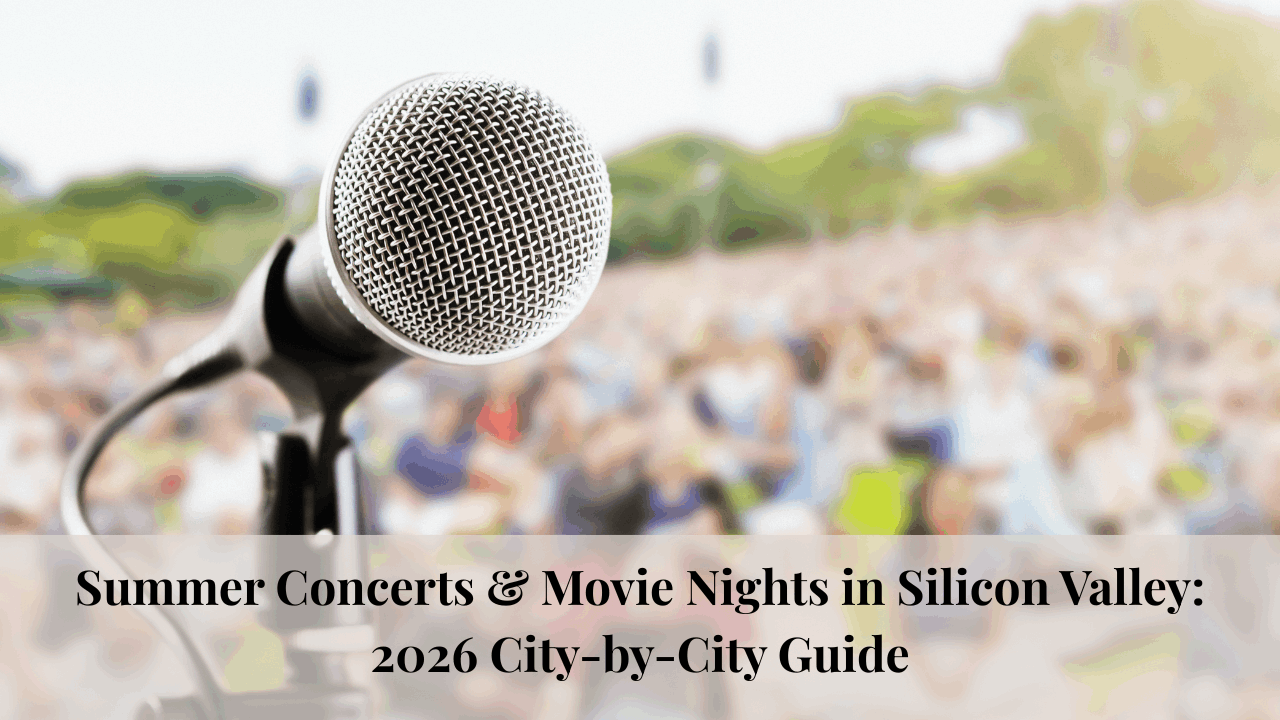 Close-up microphone in front of a blurred outdoor summer concert crowd with the title text: “Summer Concerts & Movie Nights in Silicon Valley: 2026 City-by-City Guide.”