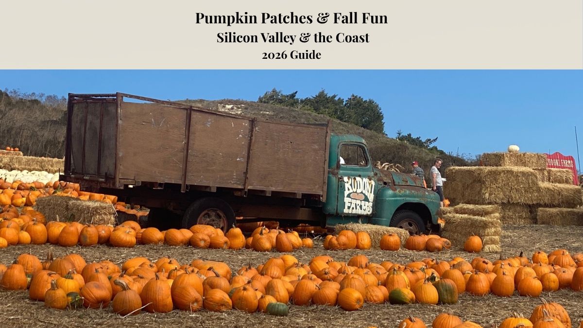 Pumpkins surrounding a vintage truck at Rodoni Farms, with text reading “Pumpkin Patches & Fall Fun: Silicon Valley & the Coast, 2026 Guide.