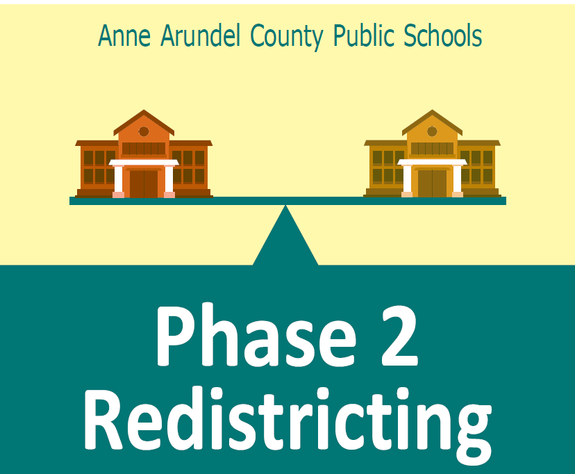 Anne Arundel County Public Schools graphic illustrating Phase 2 redistricting, featuring two school buildings separated by a dividing line and bold text announcing the new boundary changes.