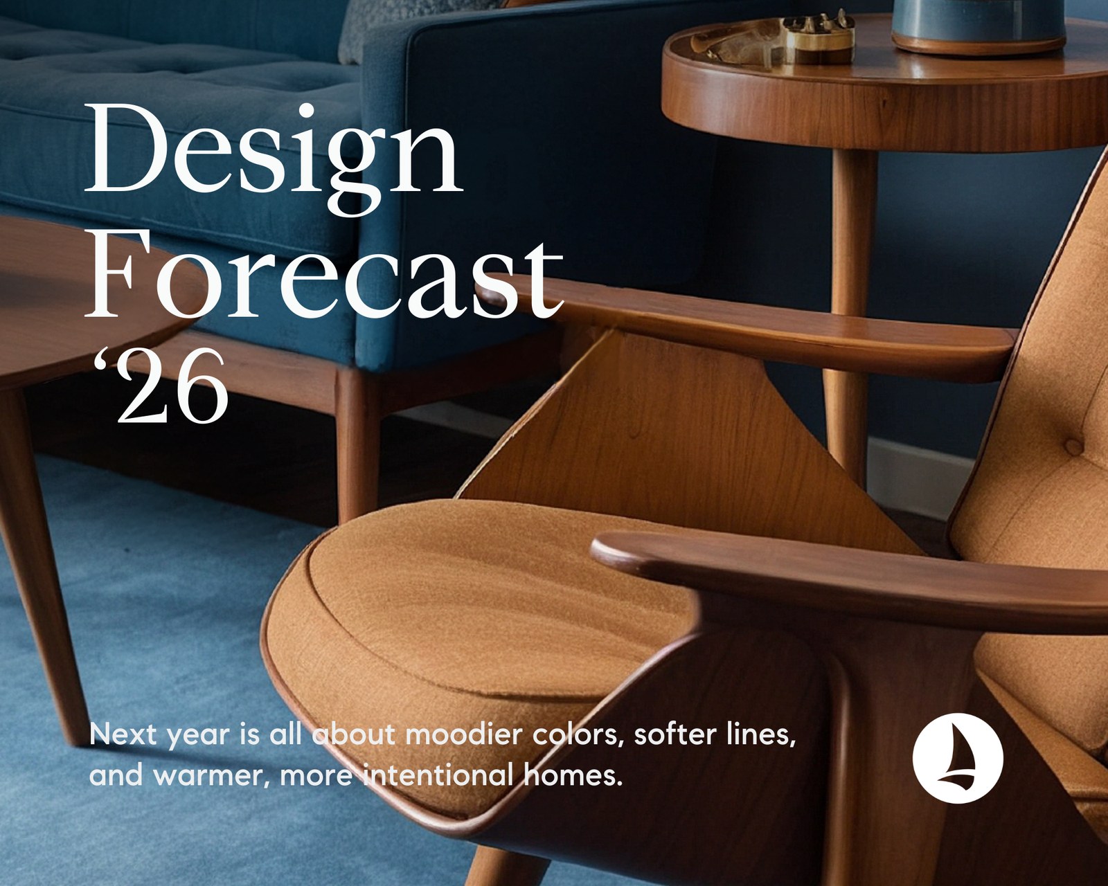 Design Forecast 2026 cover image with warm, moody tones and mid-century inspired furniture