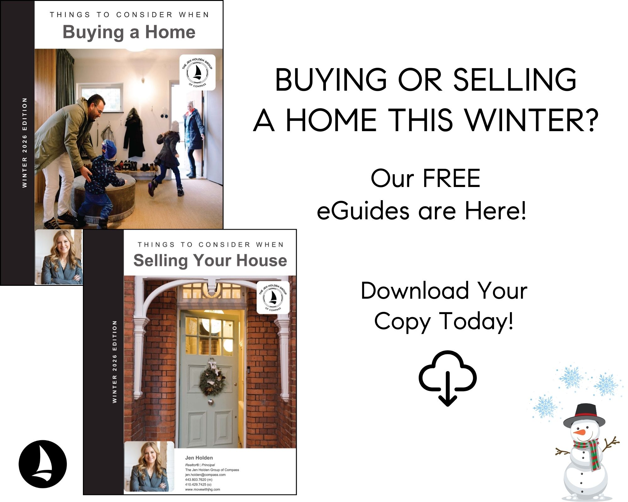 Winter 2026 real estate buyer and seller guide covers by The Jen Holden Group of Compass
