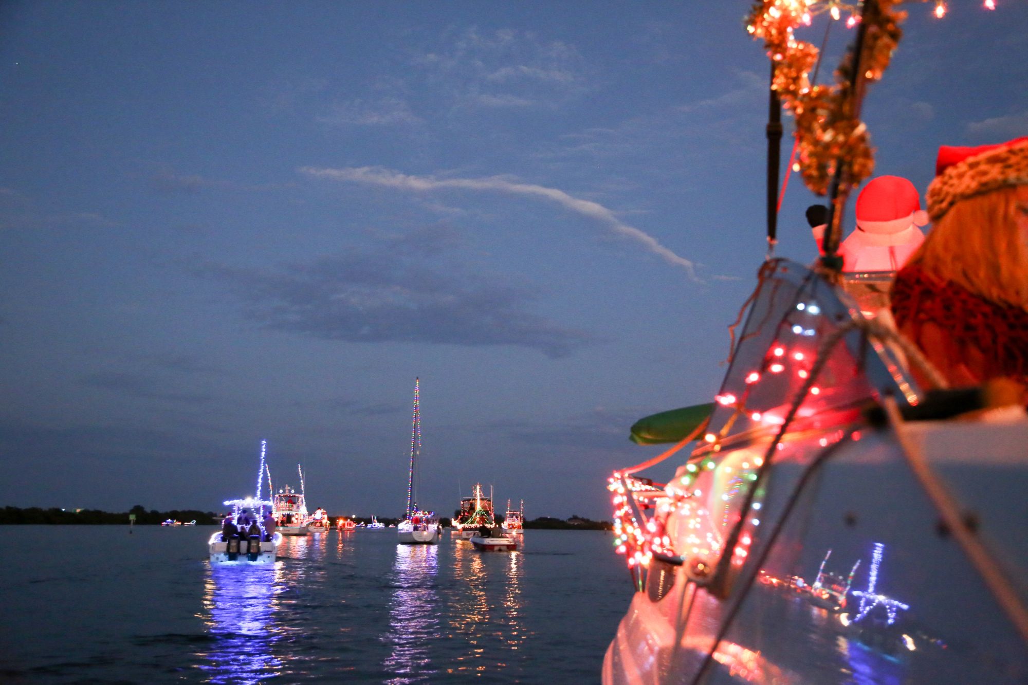 Boats lit up at night in a harbor, similar to Annapolis during the holidays.