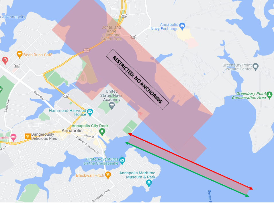 Map of the Severn River in Annapolis showing restricted no-anchoring zone and temporary boating channel during Blue Angels air show for Commissioning Week