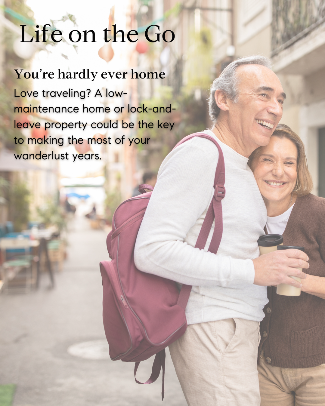 alt="Retired couple embracing freedom to travel after downsizing their home"