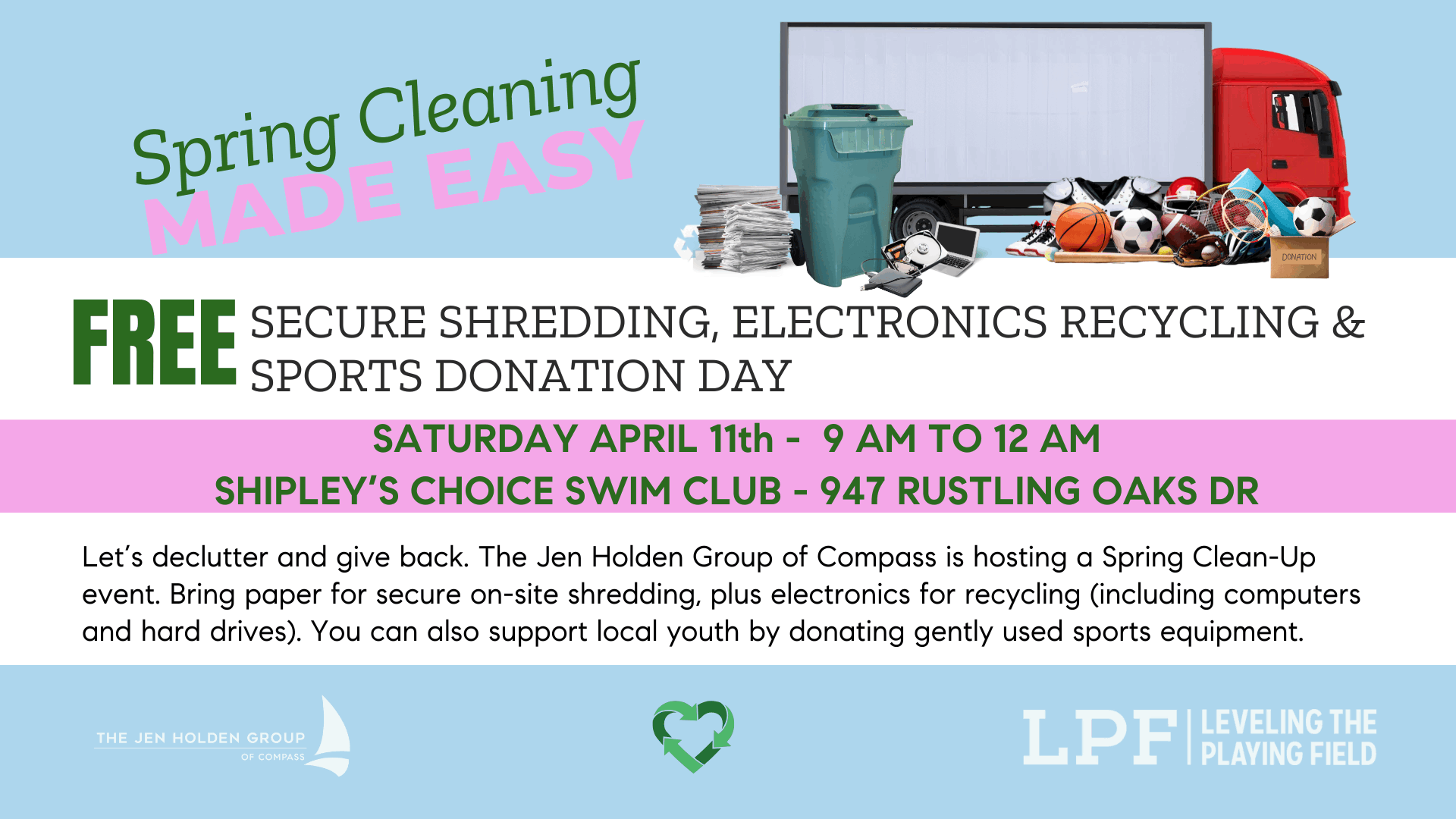 Spring Clean-Up Day event flyer with free secure paper shredding, electronics recycling, and sports equipment donation details.