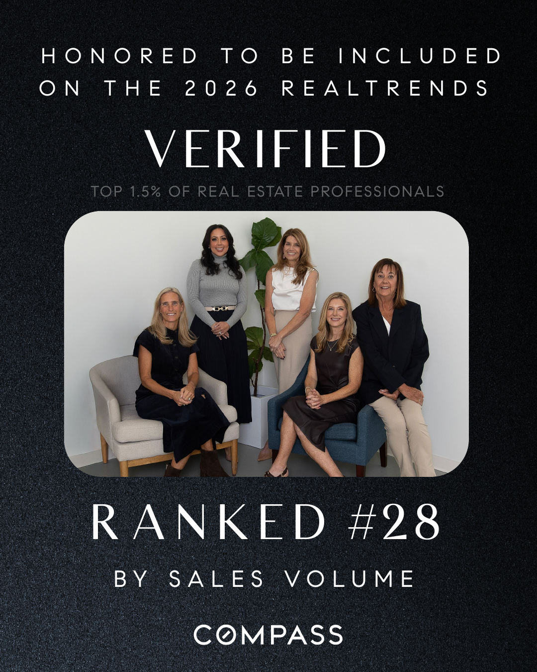 The Jen Holden Group team pictured in a 2026 RealTrends Verified announcement graphic celebrating their #28 Maryland sales volume ranking.