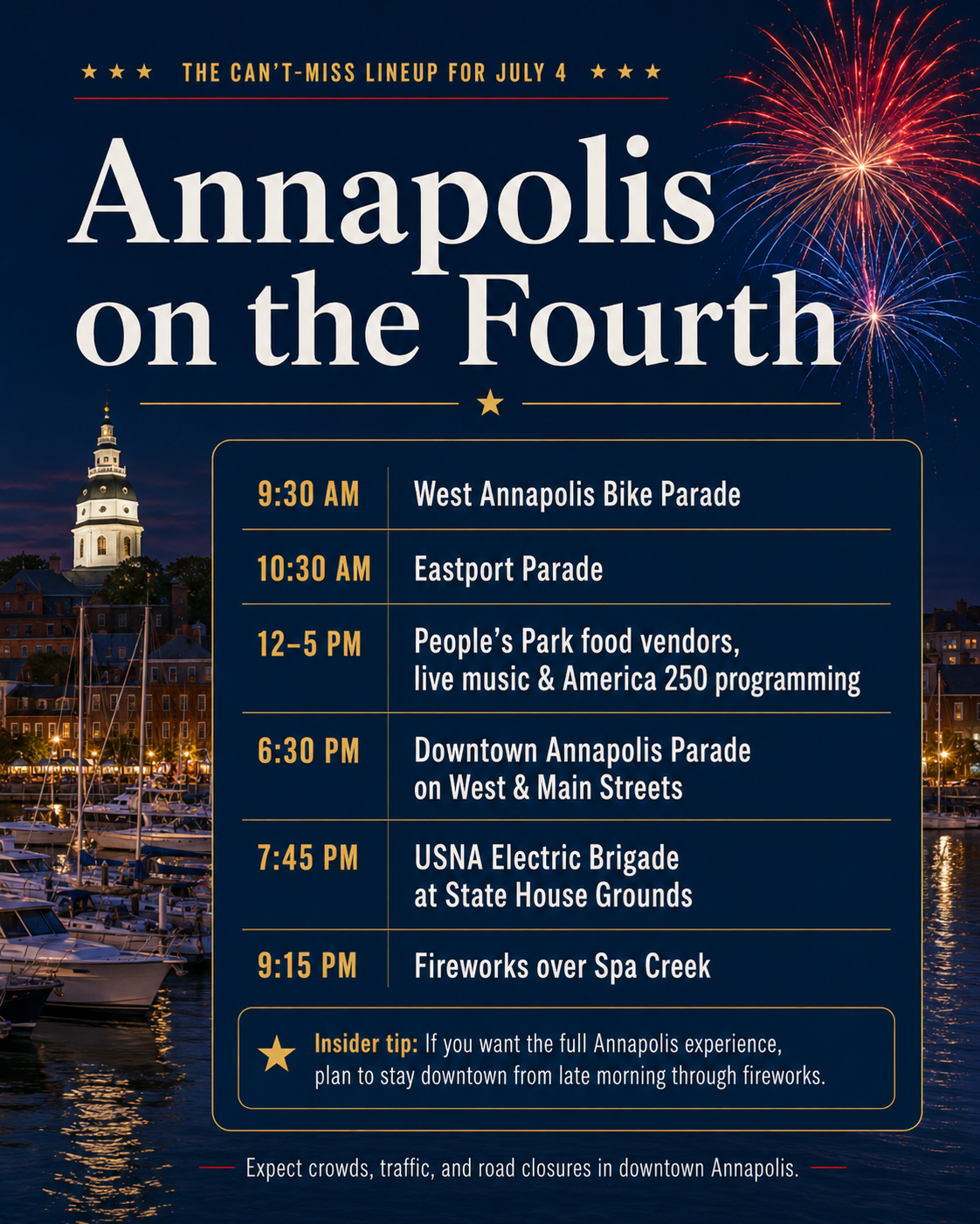 Annapolis on the Fourth schedule with bike parade, Eastport parade, downtown parade, USNA Electric Brigade and Spa Creek fireworks