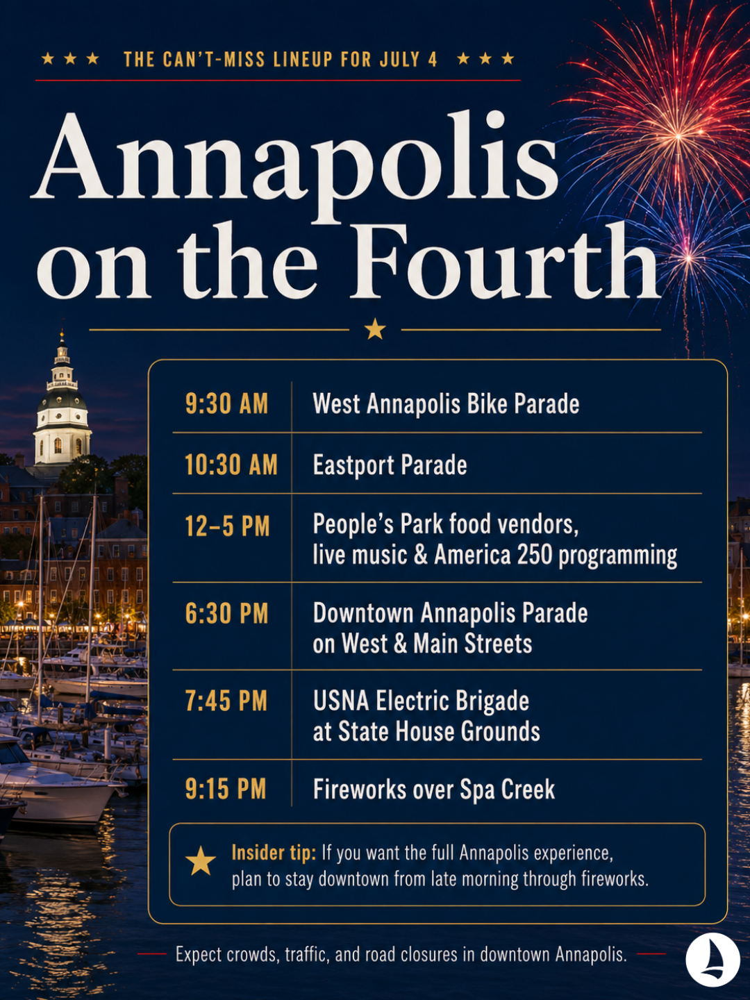Annapolis on the Fourth schedule with bike parade, Eastport parade, downtown parade, USNA Electric Brigade and Spa Creek fireworks