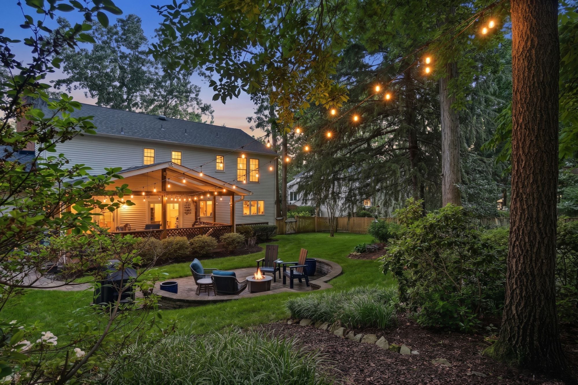 Exterior view of a suburban home's cozy backyard patio and deck area, complete with outdoor string lights and seating in Anne Arundel County, Maryland.