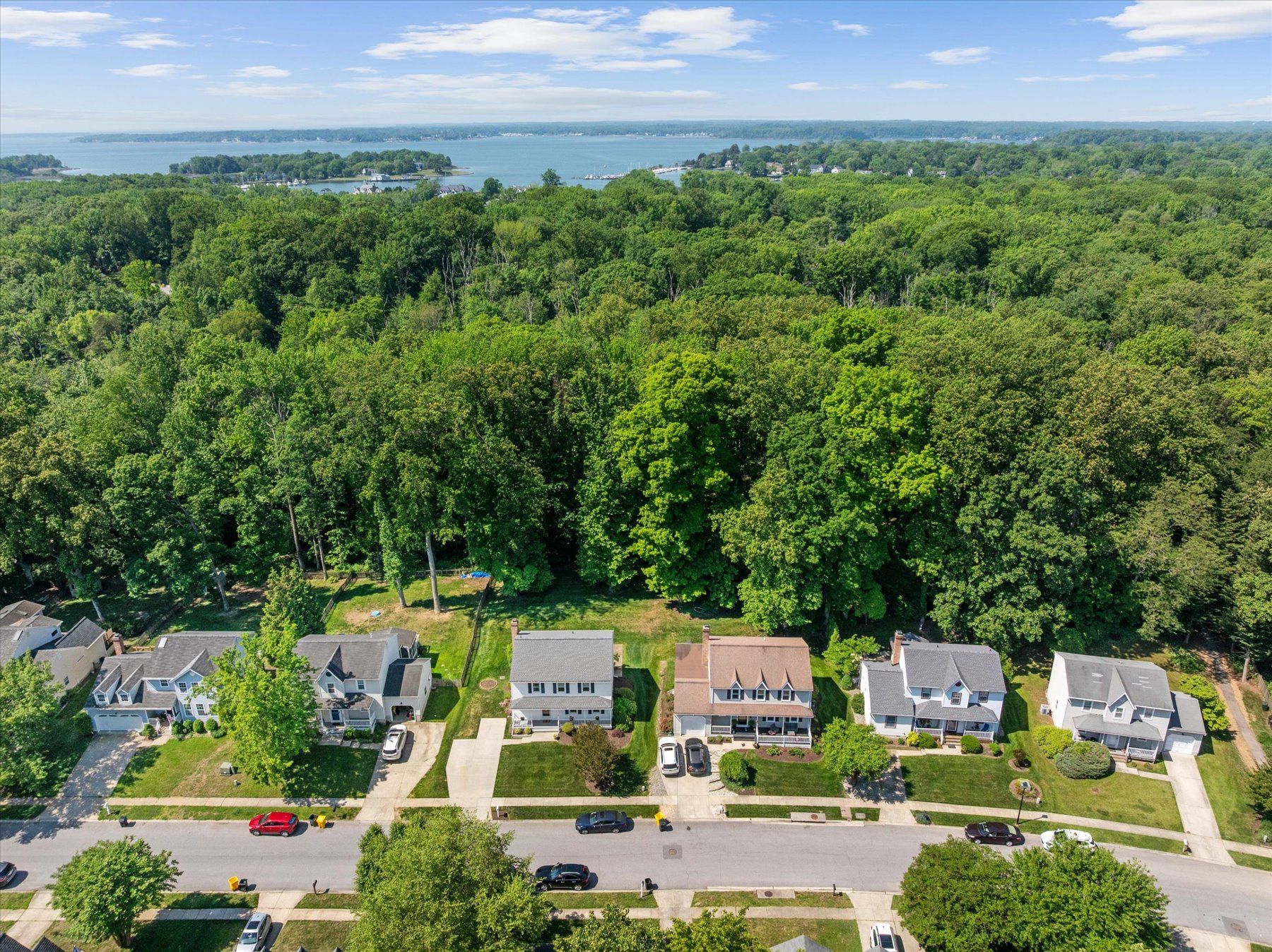 Bird's-eye view of a residential neighborhood street and homes in Anne Arundel County, showcasing local curb appeal.