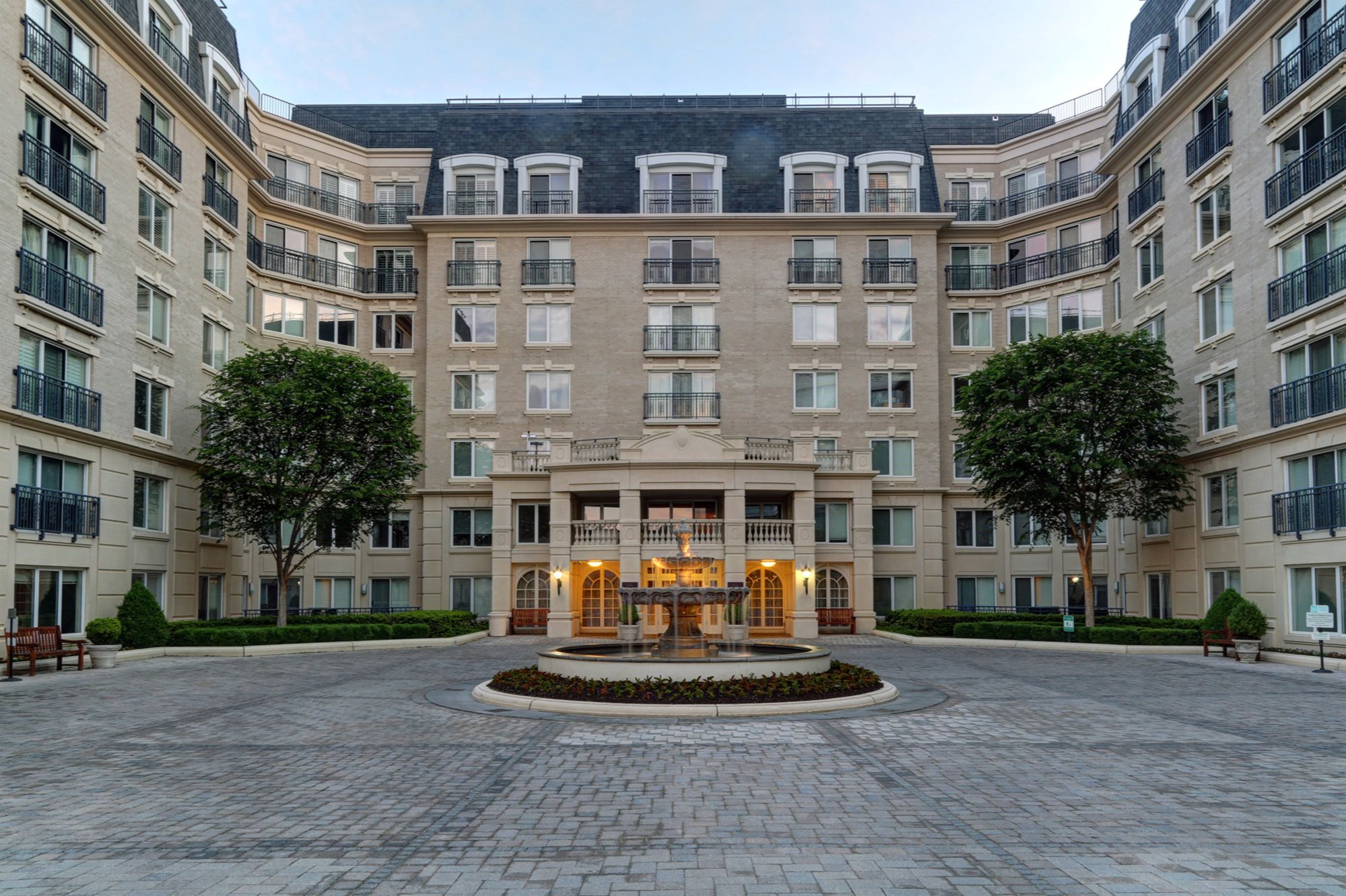 Fountain and courtyard entrance at The Residences at Park Place condominiums in Annapolis, MD