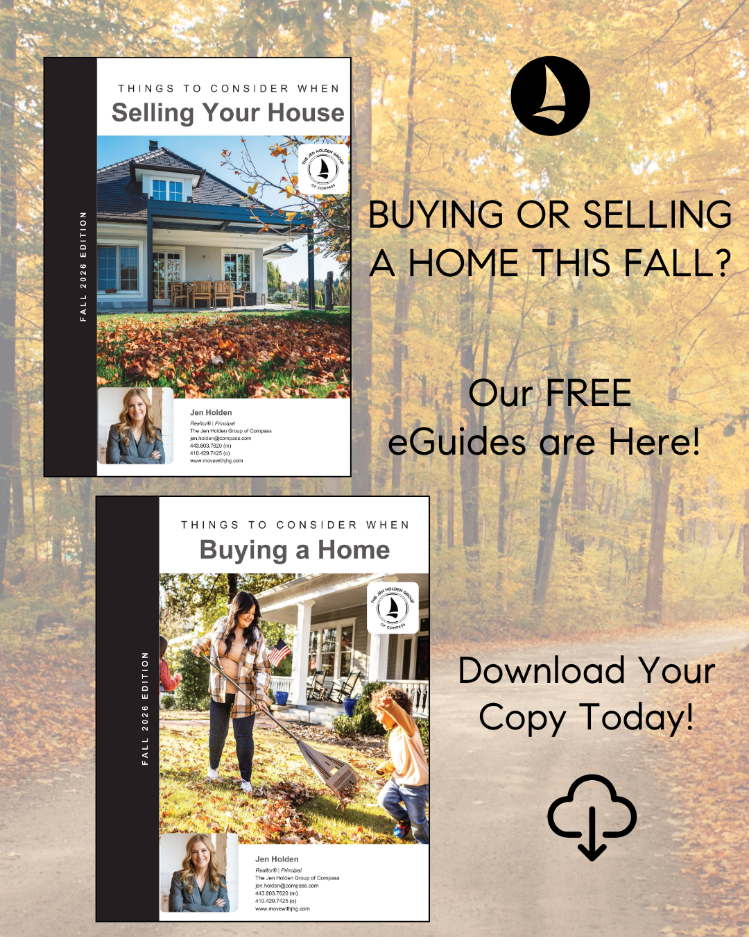Fall 2026 promotional graphic for free home buying and home selling eGuides from The Jen Holden Group of Compass