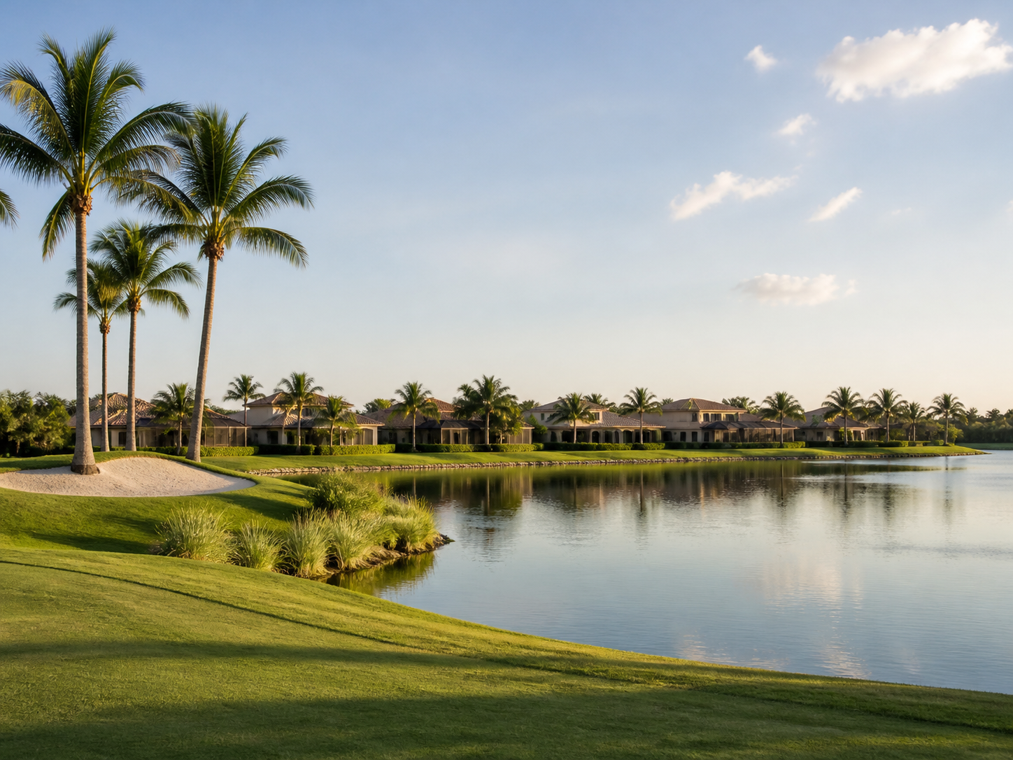 Palm trees and a lake beside a golf fairway in an Estero, Florida community