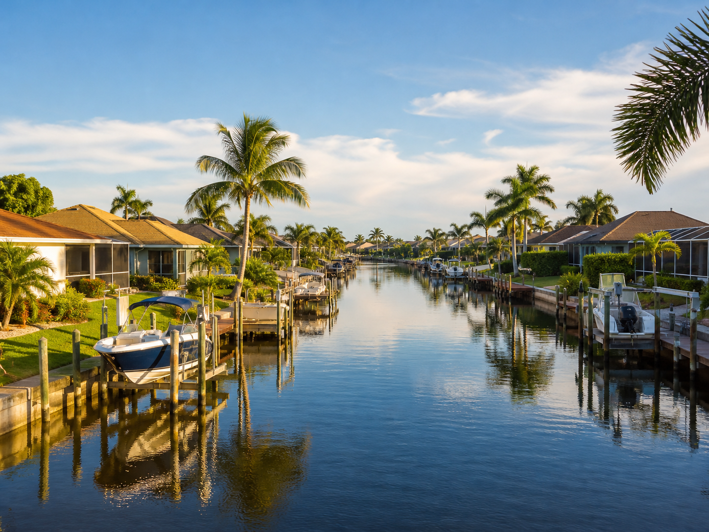 Waterfront homes with private boat docks along a saltwater canal in Cape Coral, Florida