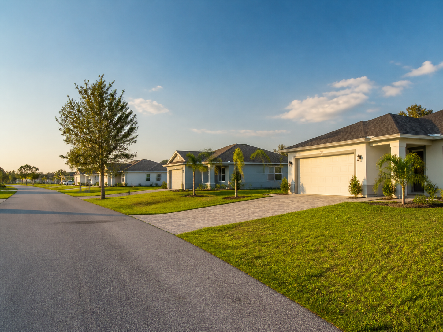 A quiet street of newly built single-family homes in Lehigh Acres, Florida
