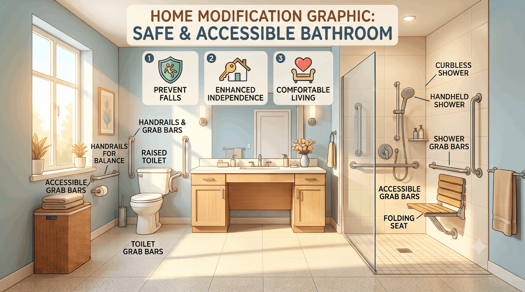 Accessible bathroom with grab bars and a walk-in shower for safely aging in place at home