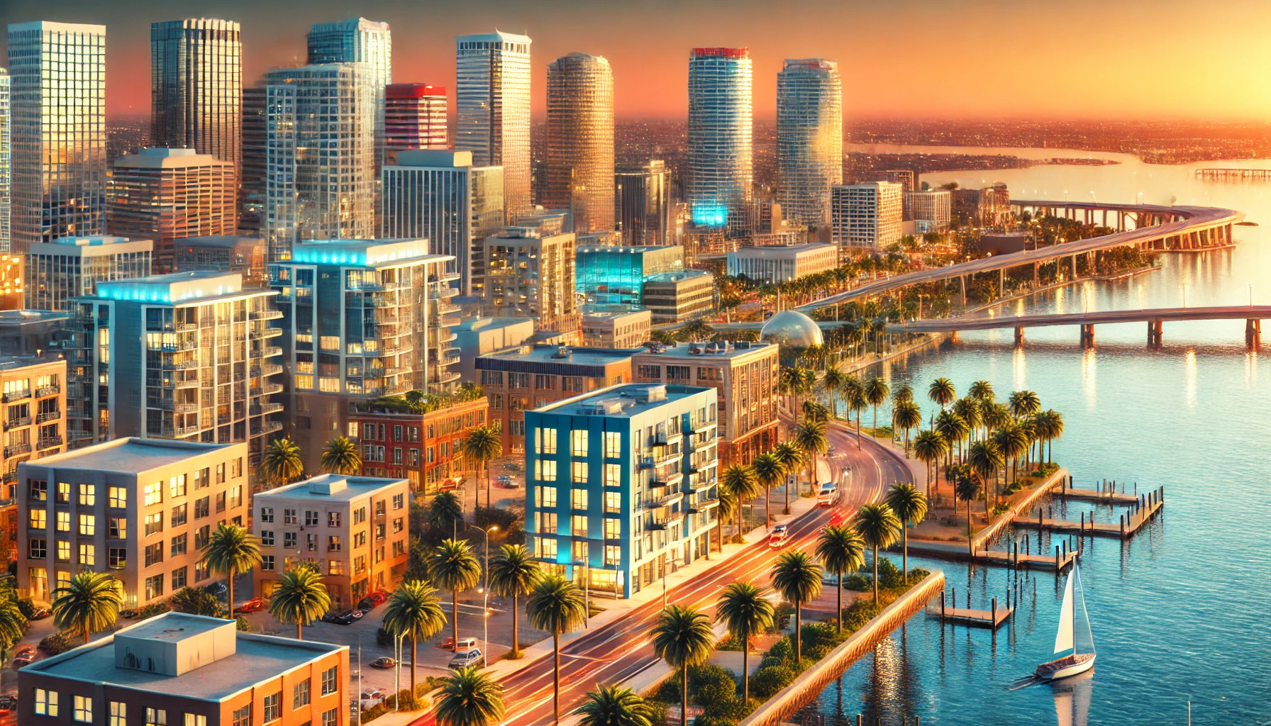 Tampa Bay skyline at sunset with modern buildings and palm trees reflecting a dynamic housing market.