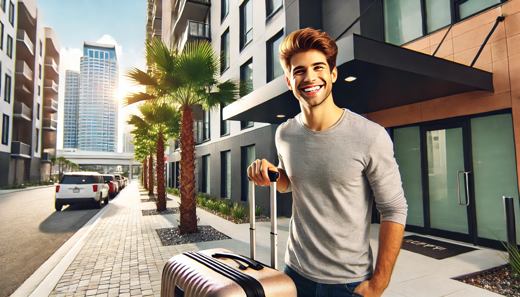 Young professional with luggage outside a modern Tampa Bay apartment, symbolizing flexibility and mobility of renting.