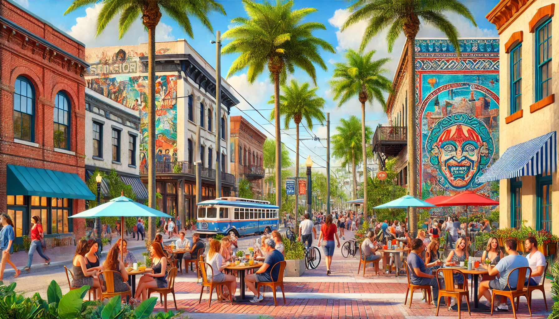 Outdoor dining and vibrant streetscape in a Tampa Bay neighborhood, showcasing local culture and community energy.