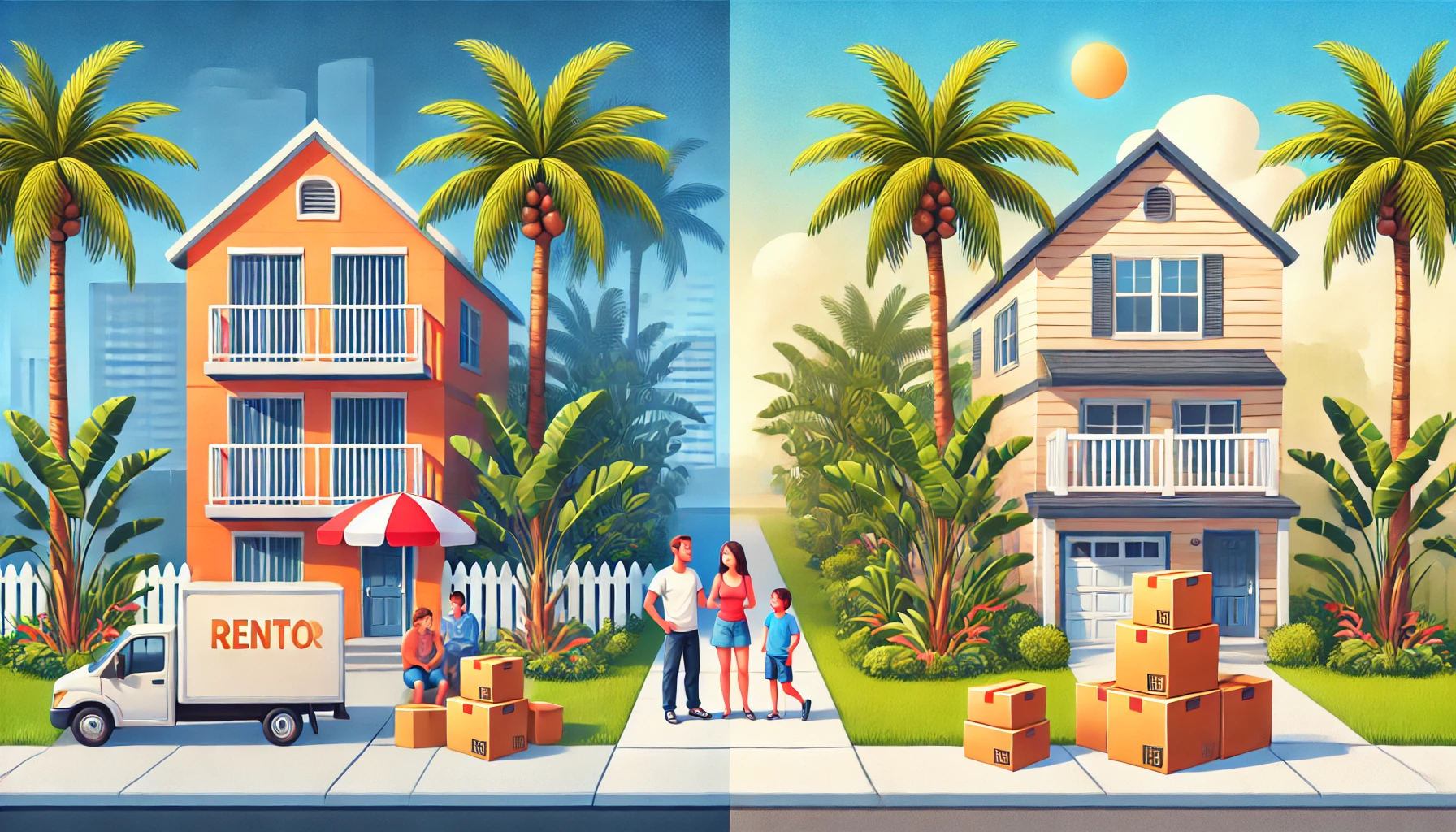 Split image showing renters with moving boxes at an apartment and a family in front of a purchased home in Tampa Bay, Florida.